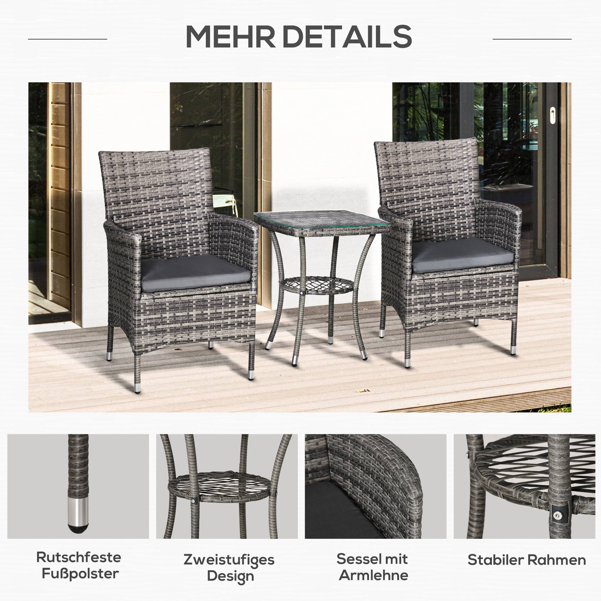 Salon de jardin 2 places résine tressée balcon terrasse avec coussins table verre gris foncé - ComfortXL Outdoor Living - Image 5