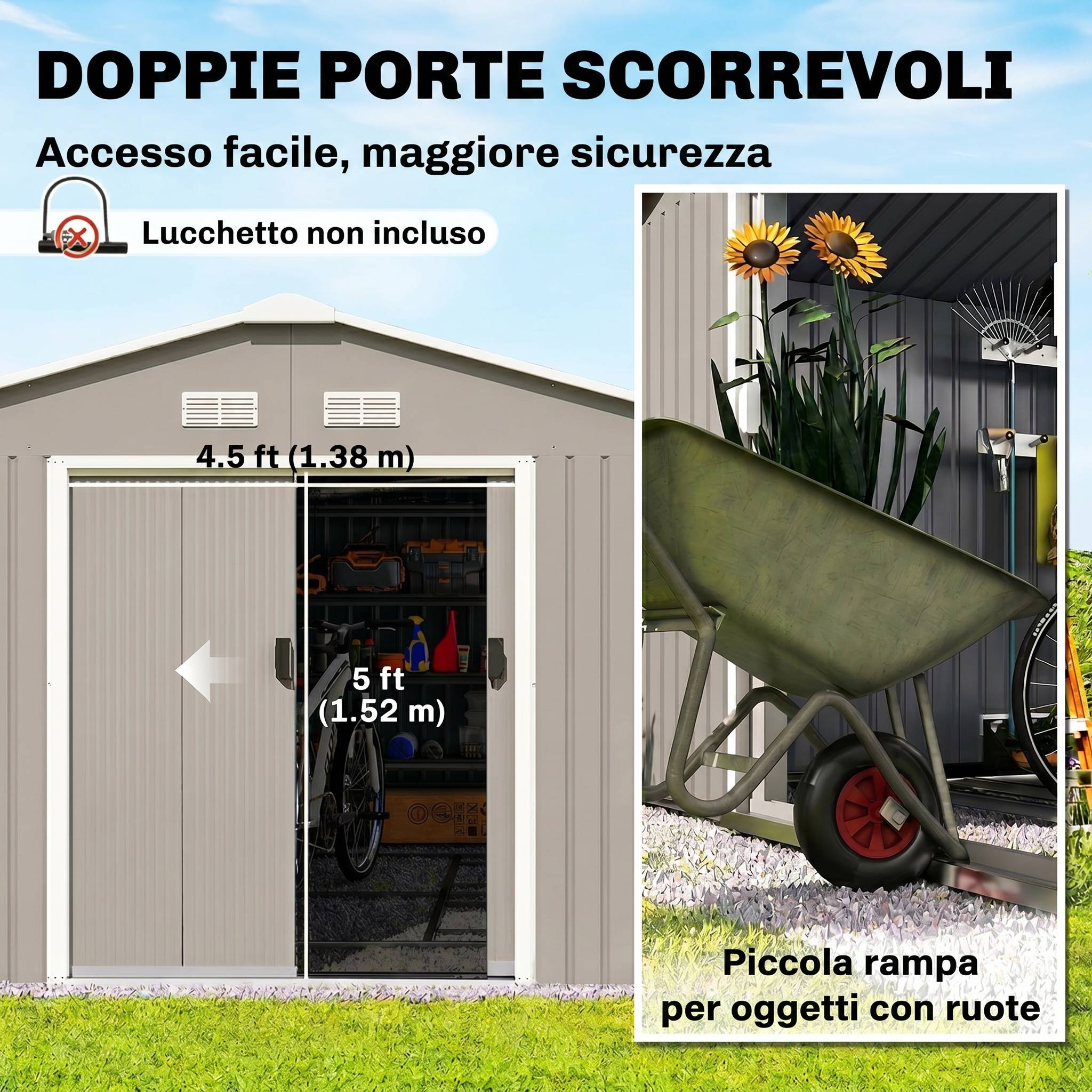 Abri de jardin avec portes coulissantes et toit incliné, en acier, 340x386x200cm, gris - Image 7