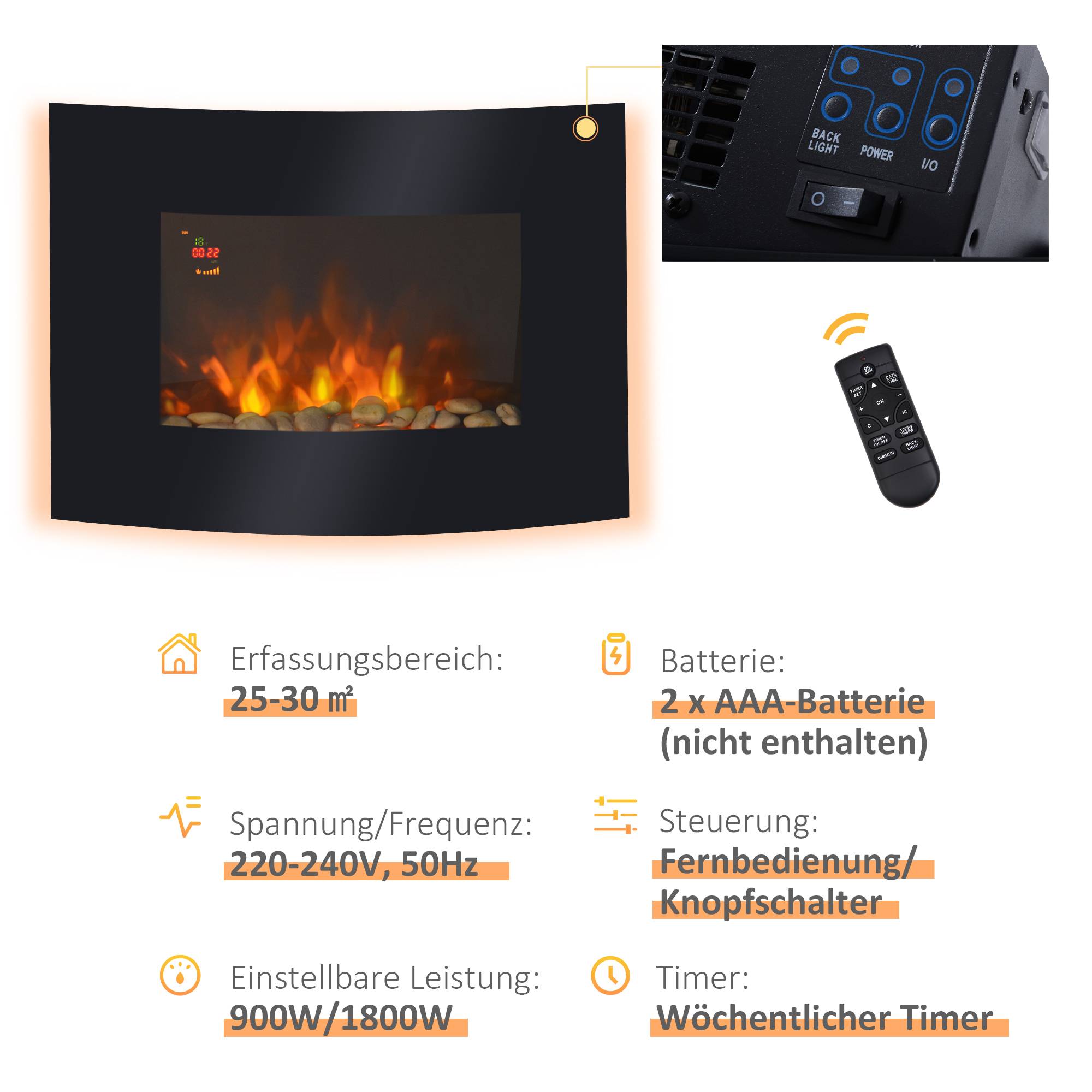 Sans Marque - Cheminée électrique,Cheminée murale 65cm LED 7 couleurs 900/1800W minuterie thermostat télécommande noir - Image 7