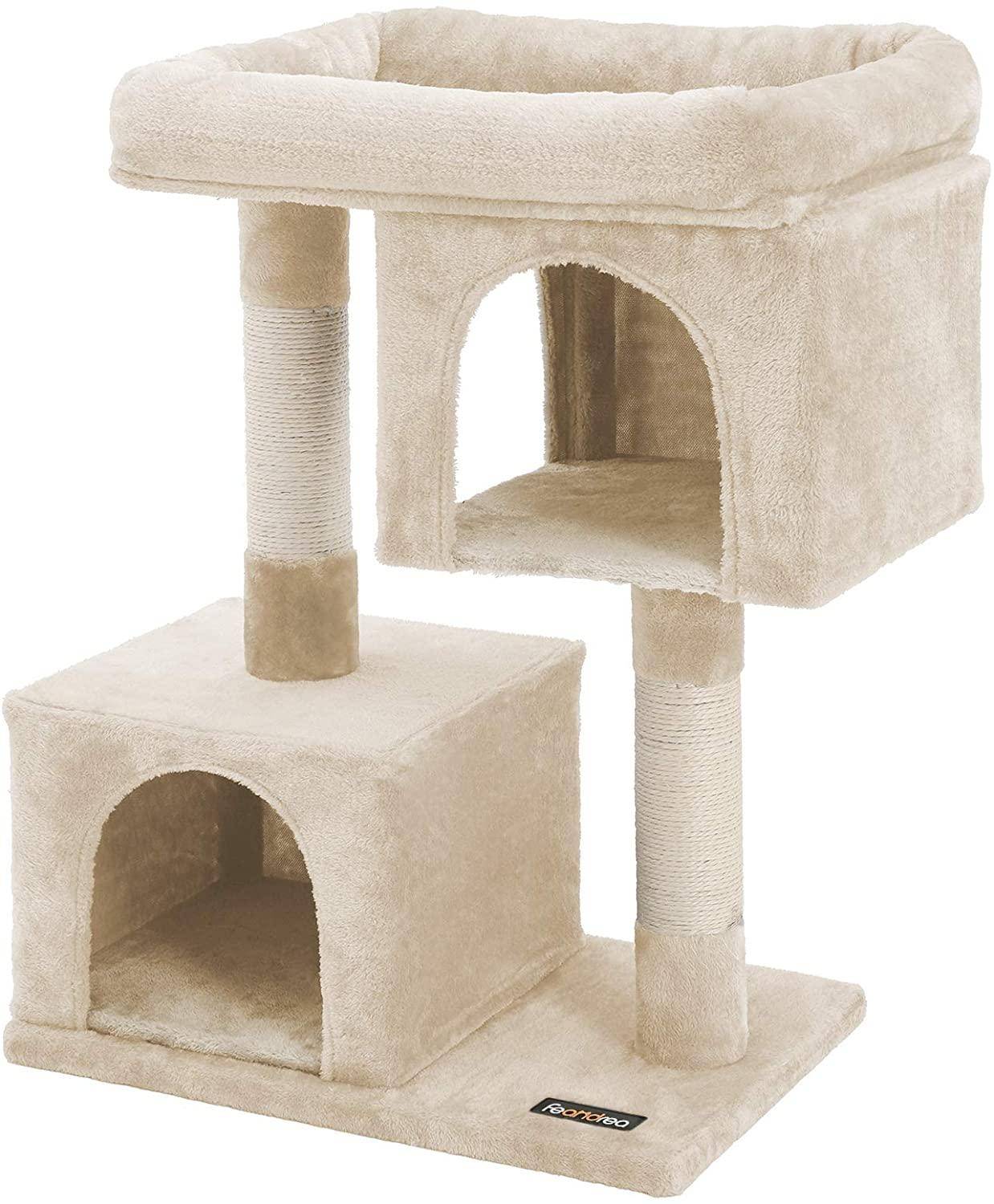 Helloshop26 - Arbre à chat colonne en sisal pour aiguiser les griffes 2 niches luxueuses maison de jeu meubles pour chatons chats et félins couleur beige - Imagen 1
