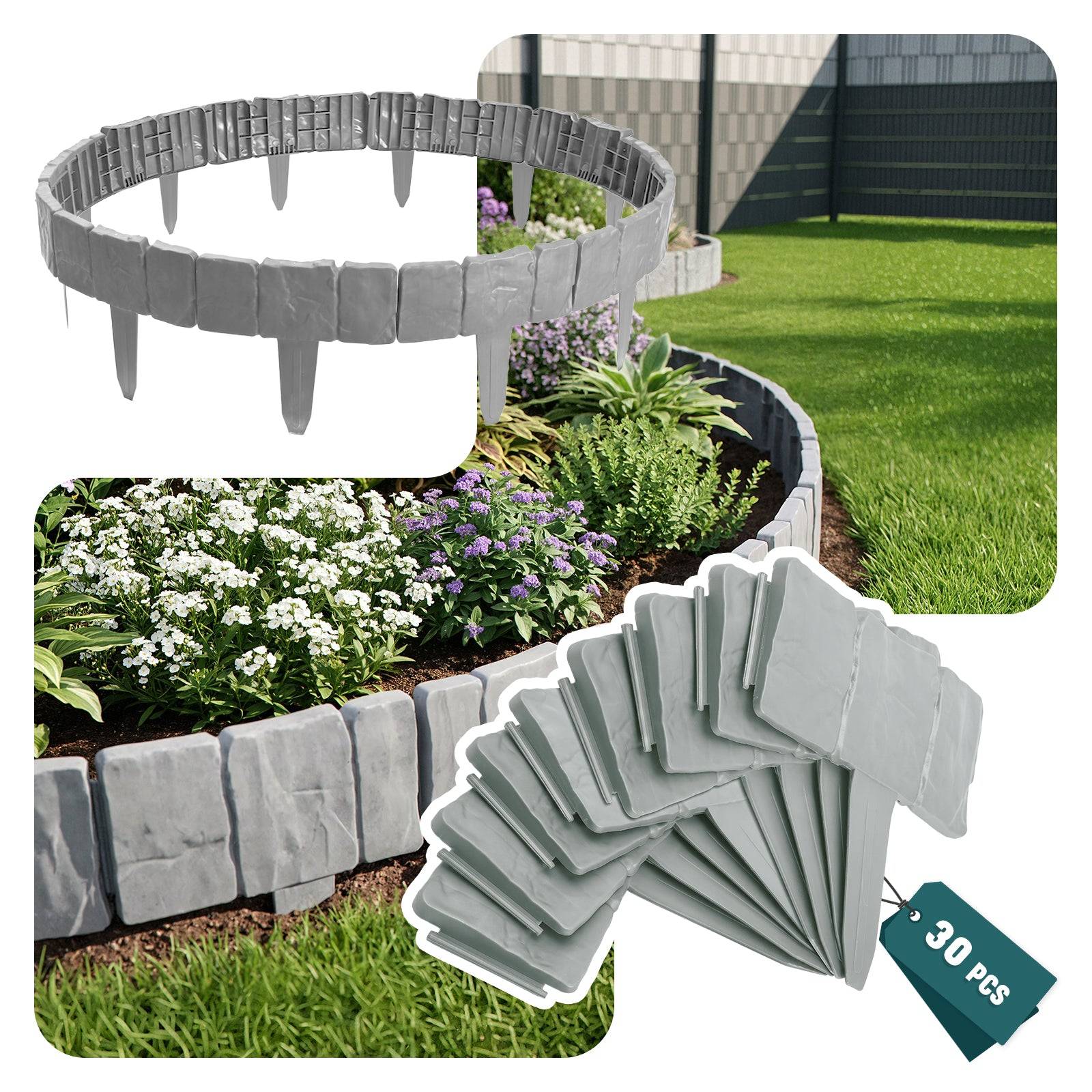 Vounot - Bordure de jardin imitation pierre 7.5m gris clair - Hauteur 23cm - Clôture gazon décorative en PP - VOUNOT® - Image 1
