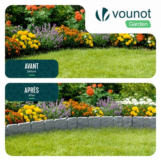 Vounot - Bordure de jardin imitation pierre 7.5m gris clair - Hauteur 23cm - Clôture gazon décorative en PP - VOUNOT® - Image 7