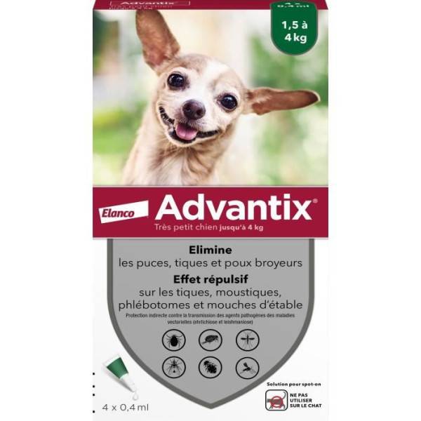 Advantix - Advantix Chien Solution Antiparasitaire Puces Tiques Répulsif Mouches Moustiques Phlébotomes 1,5 a 4kg 4 pipettes - Image 1
