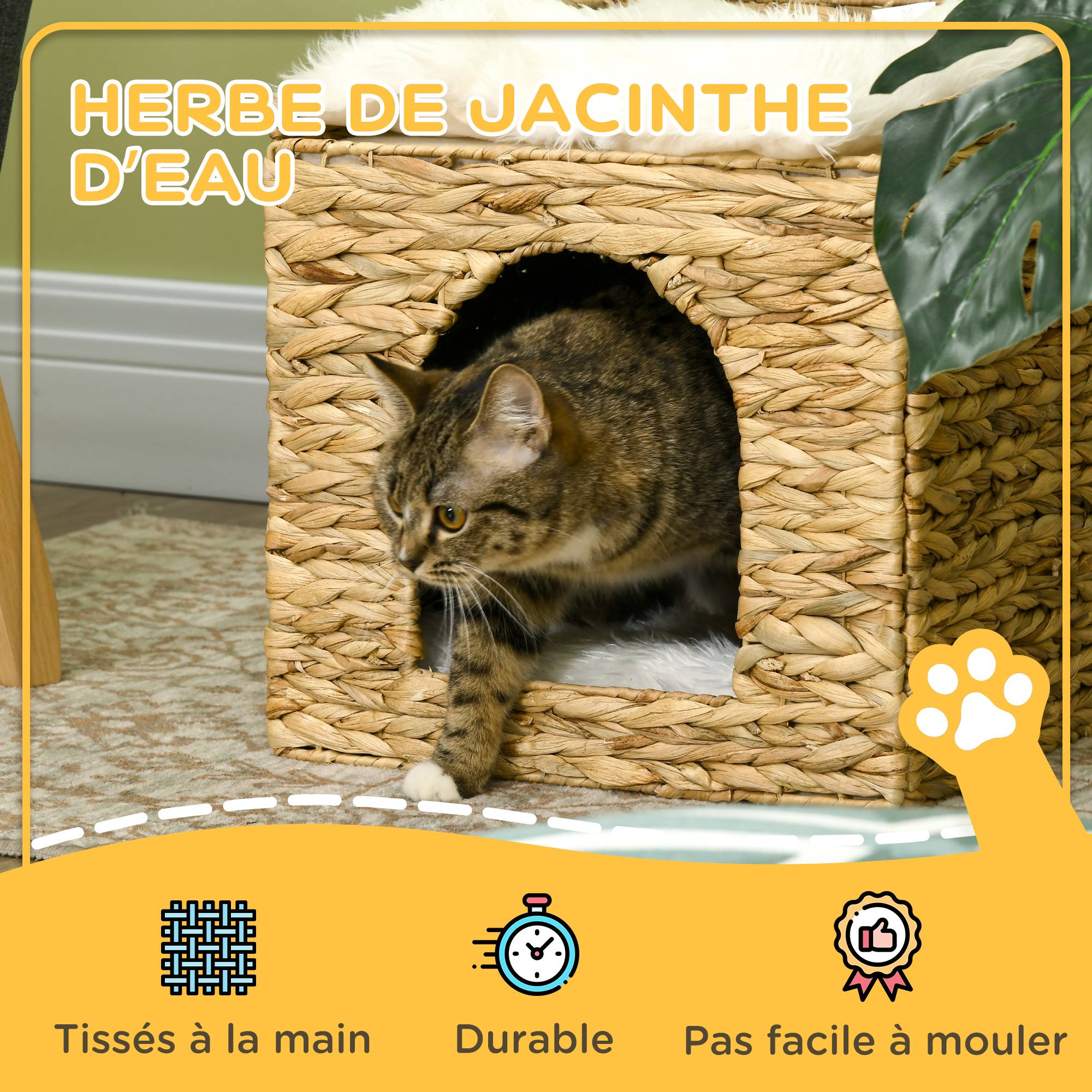 Niche pour chat 2 niveaux avec 2 coussins en jacinthe d'eau - 37,5 x 37,5 x 41,5 cm marron crème - Image 6