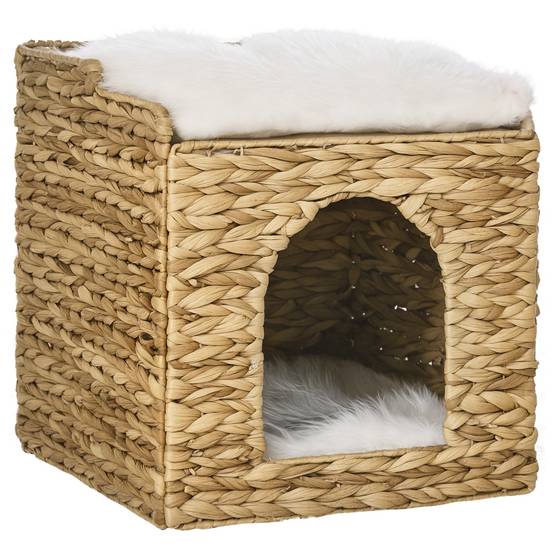 Niche pour chat 2 niveaux avec 2 coussins en jacinthe d'eau - 37,5 x 37,5 x 41,5 cm marron crème - Image 1