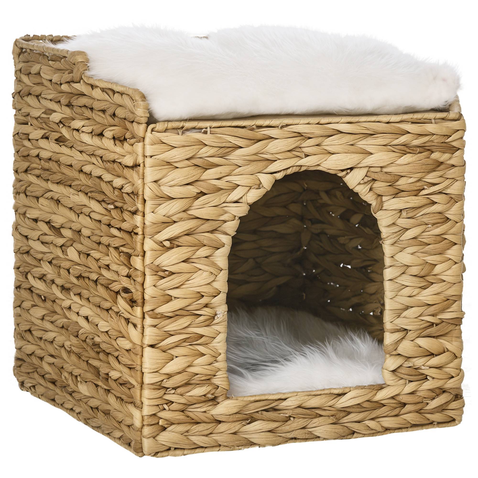 Niche pour chat 2 niveaux avec 2 coussins en jacinthe d'eau - 37,5 x 37,5 x 41,5 cm marron crème - Image 1