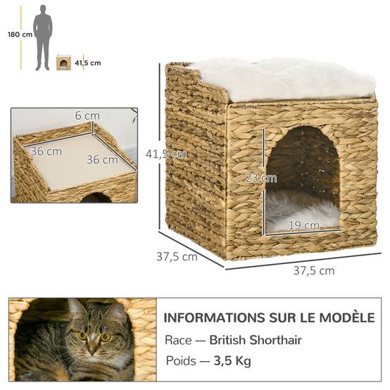 Niche pour chat 2 niveaux avec 2 coussins en jacinthe d'eau - 37,5 x 37,5 x 41,5 cm marron crème - Image 5