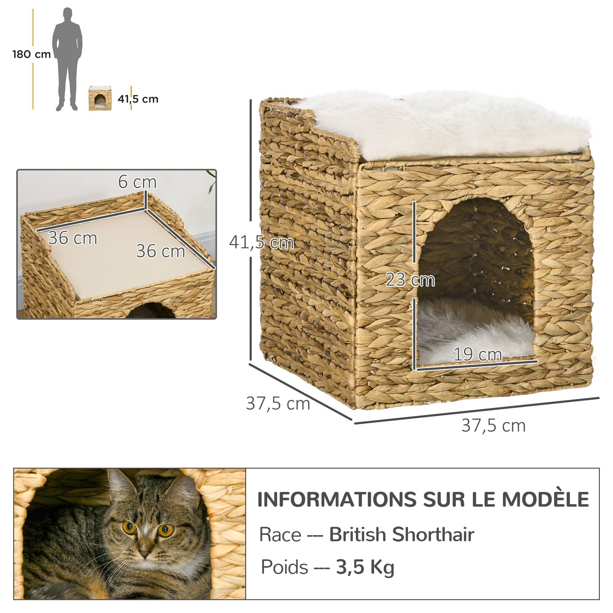 Niche pour chat 2 niveaux avec 2 coussins en jacinthe d'eau - 37,5 x 37,5 x 41,5 cm marron crème - Image 5
