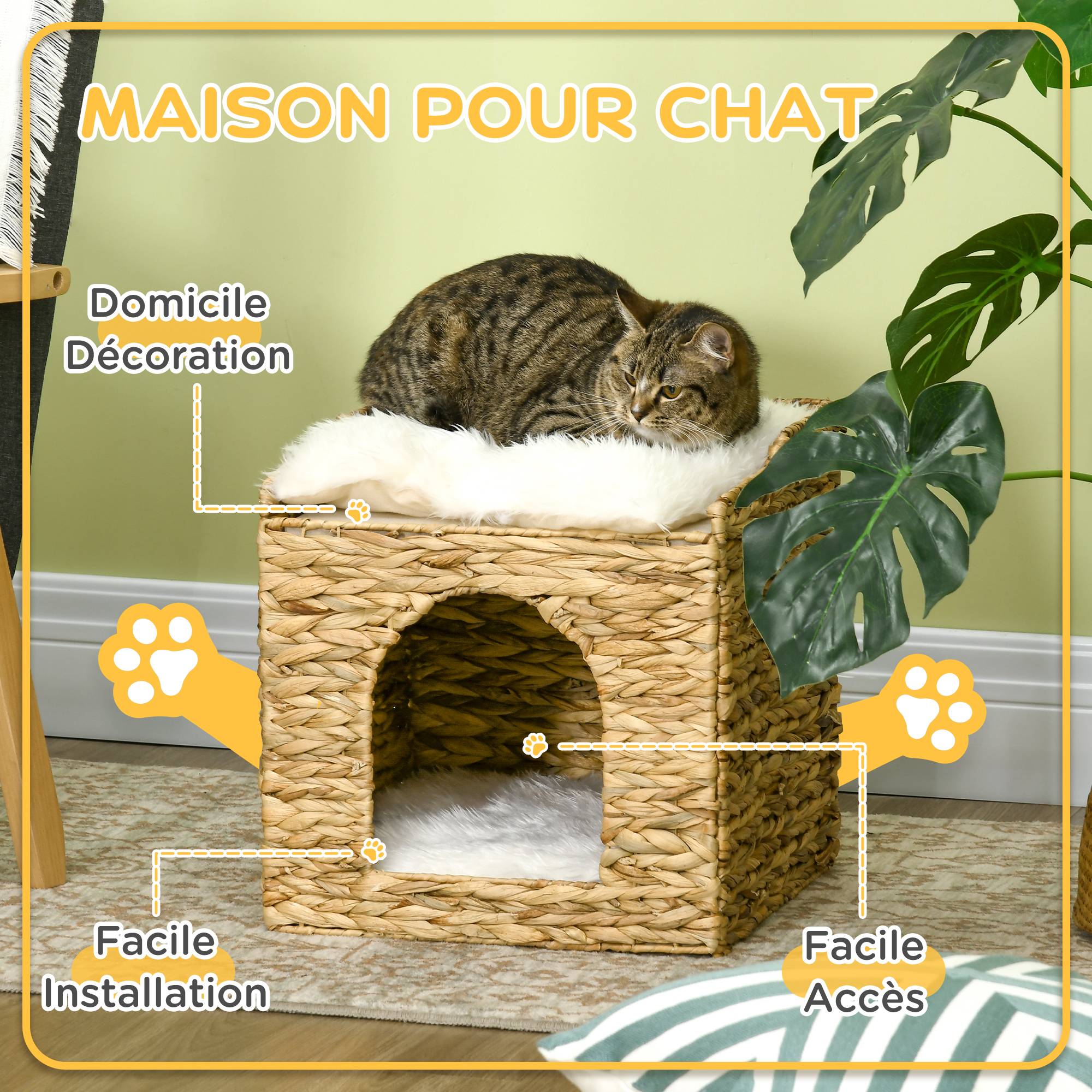Niche pour chat 2 niveaux avec 2 coussins en jacinthe d'eau - 37,5 x 37,5 x 41,5 cm marron crème - Image 9