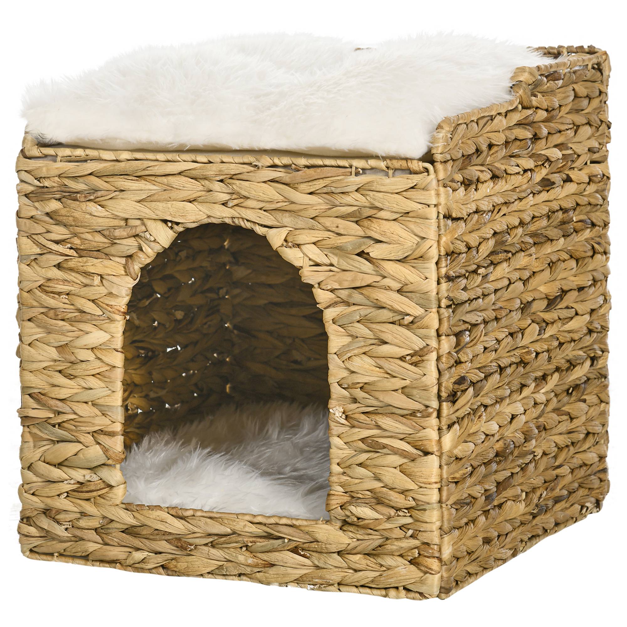 Niche pour chat 2 niveaux avec 2 coussins en jacinthe d'eau - 37,5 x 37,5 x 41,5 cm marron crème - Image 2