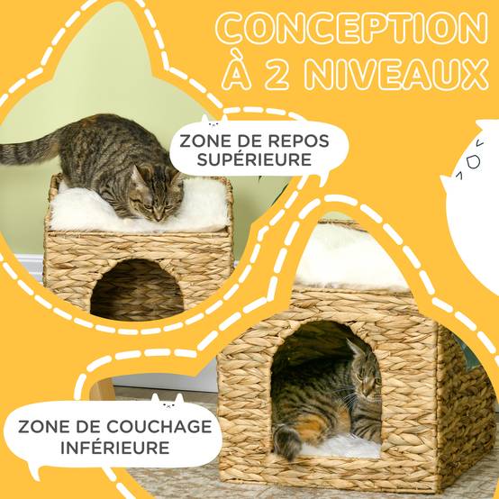 Niche pour chat 2 niveaux avec 2 coussins en jacinthe d'eau - 37,5 x 37,5 x 41,5 cm marron crème - Image 7