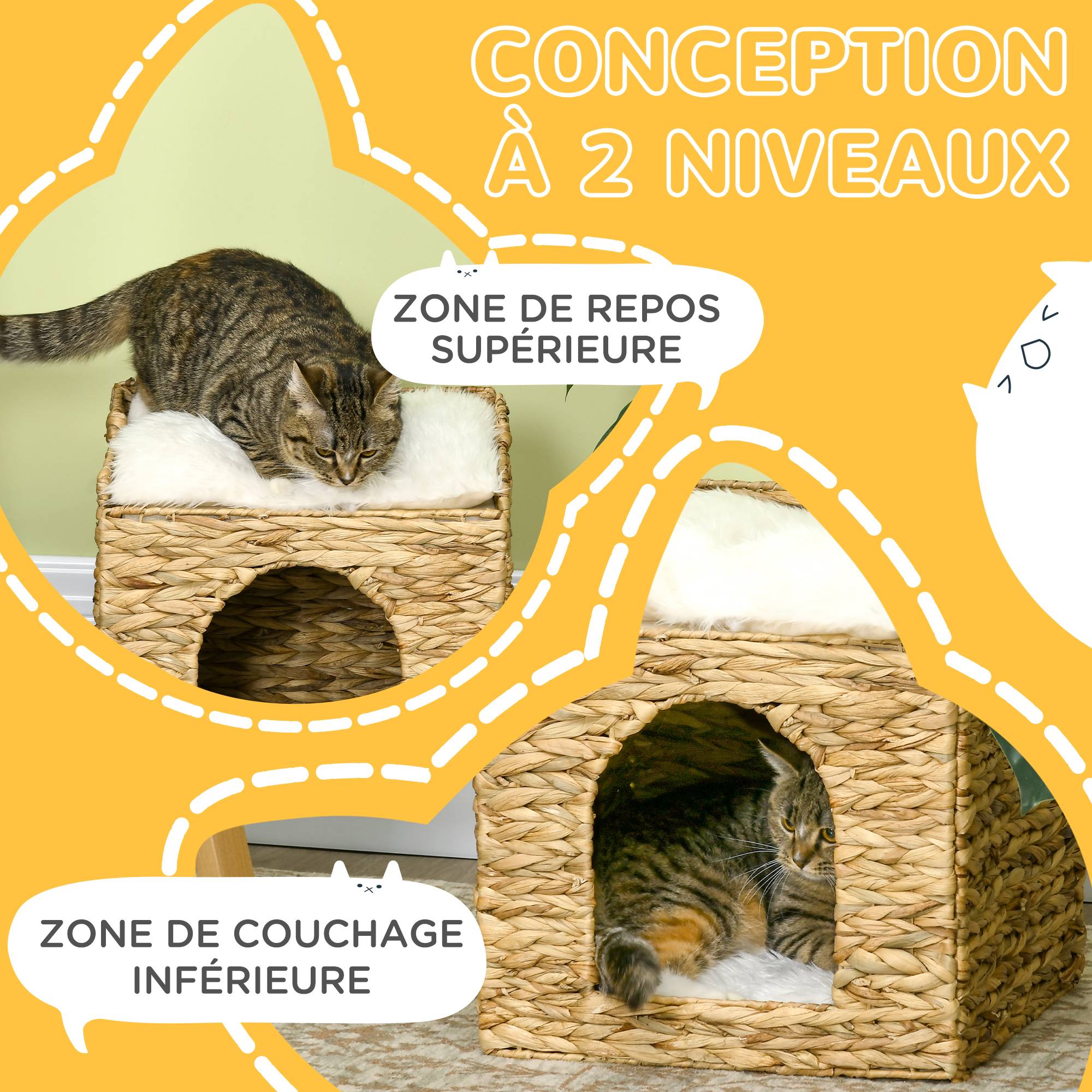 Niche pour chat 2 niveaux avec 2 coussins en jacinthe d'eau - 37,5 x 37,5 x 41,5 cm marron crème - Image 7