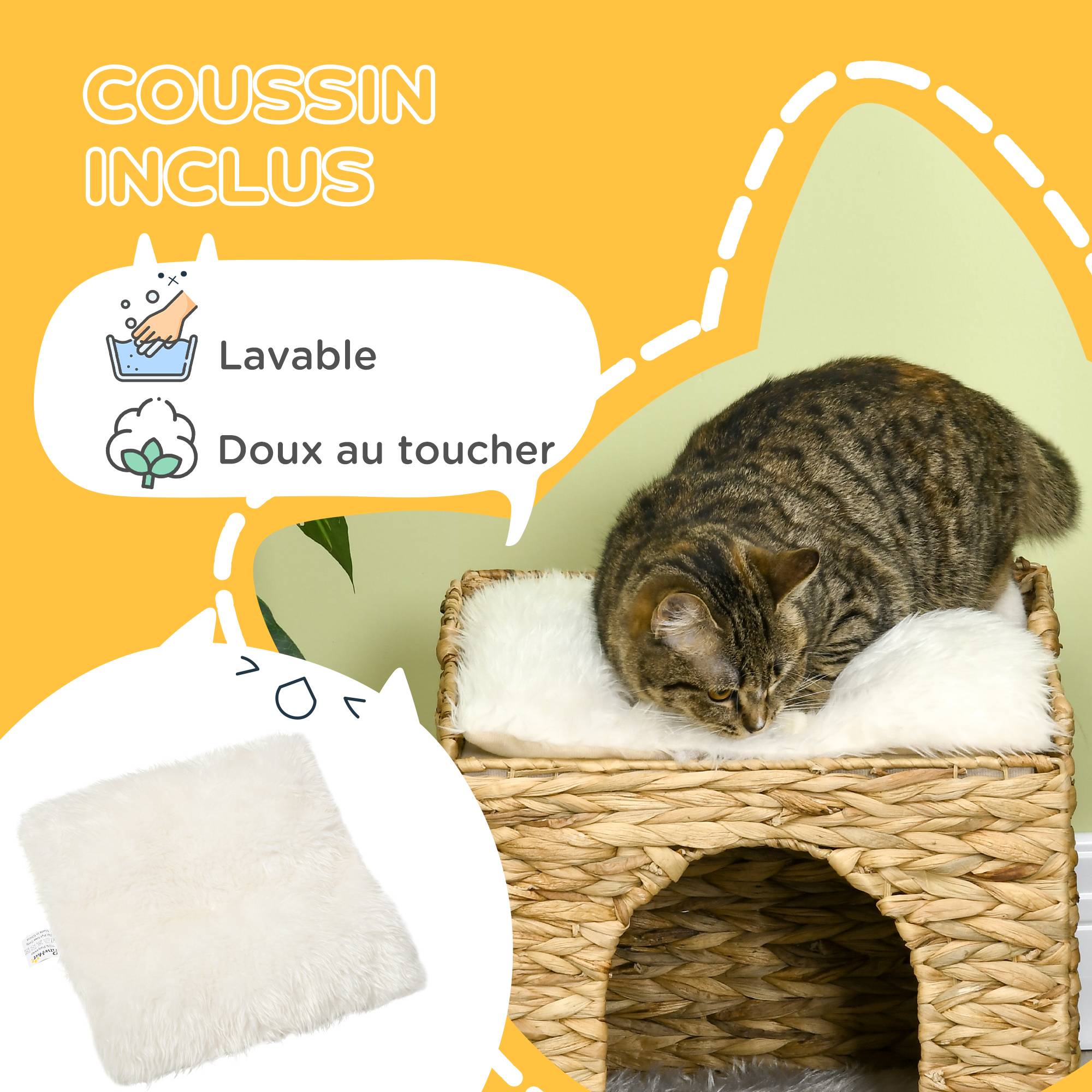Niche pour chat 2 niveaux avec 2 coussins en jacinthe d'eau - 37,5 x 37,5 x 41,5 cm marron crème - Image 8
