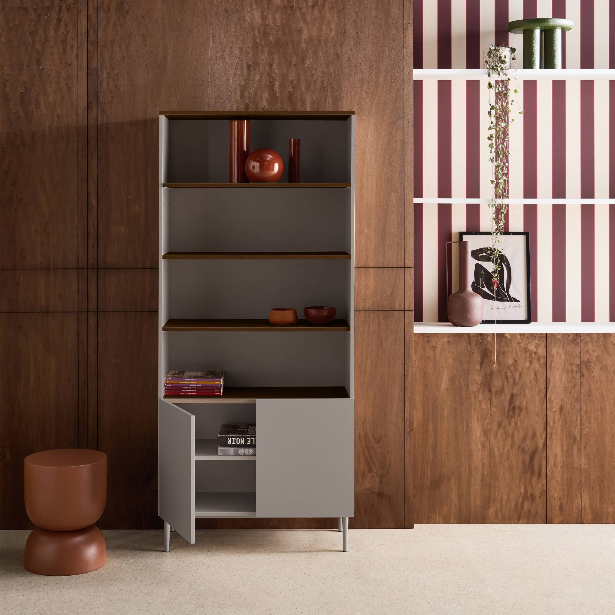 Etagère. bibliothèque métal et décor bois 6 niveaux gris et noyer - Ashton | sweeek - Image 3