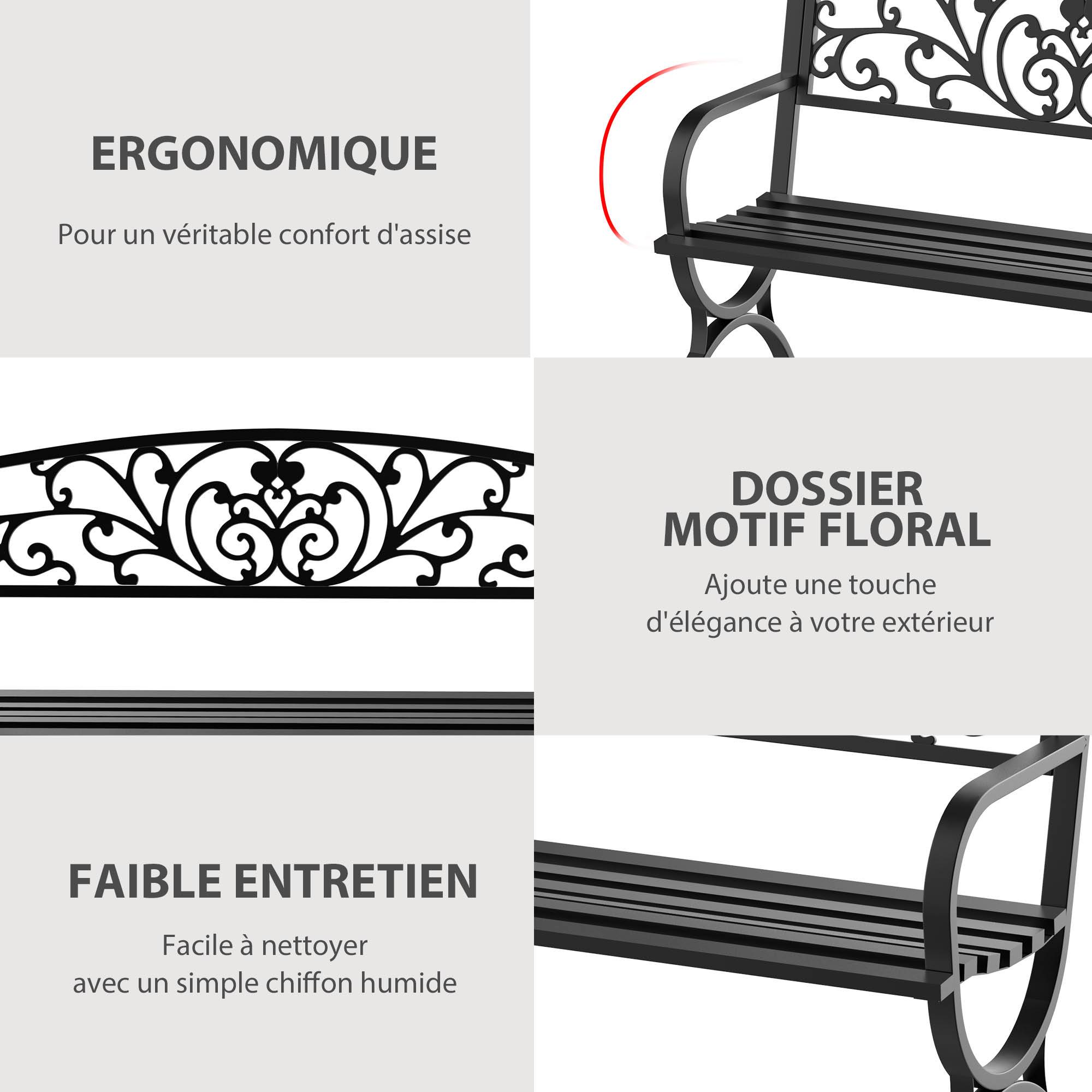 Maison Chic - Banc de jardin terrasse en acier fonte noir 3 places 127 x 60 x 85 cm charge max 240 Kg - Image 7