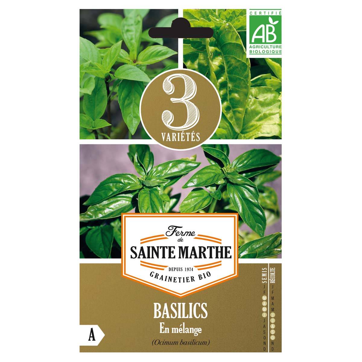 Basilics en mélange (Basilic Cannelle - Basilic Géant Monstrueux - Basilic Grand Vert) - Bio - Ferme de Sainte Marthe le sachet de 150 graines enviro