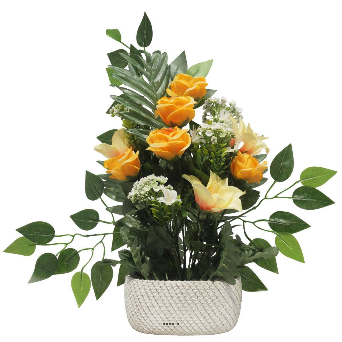 Artificielles - Jardinière de Rose gardénia, mini fleurs et ficus pour la Toussaint Orange - couleur: Orange - Imagen 2