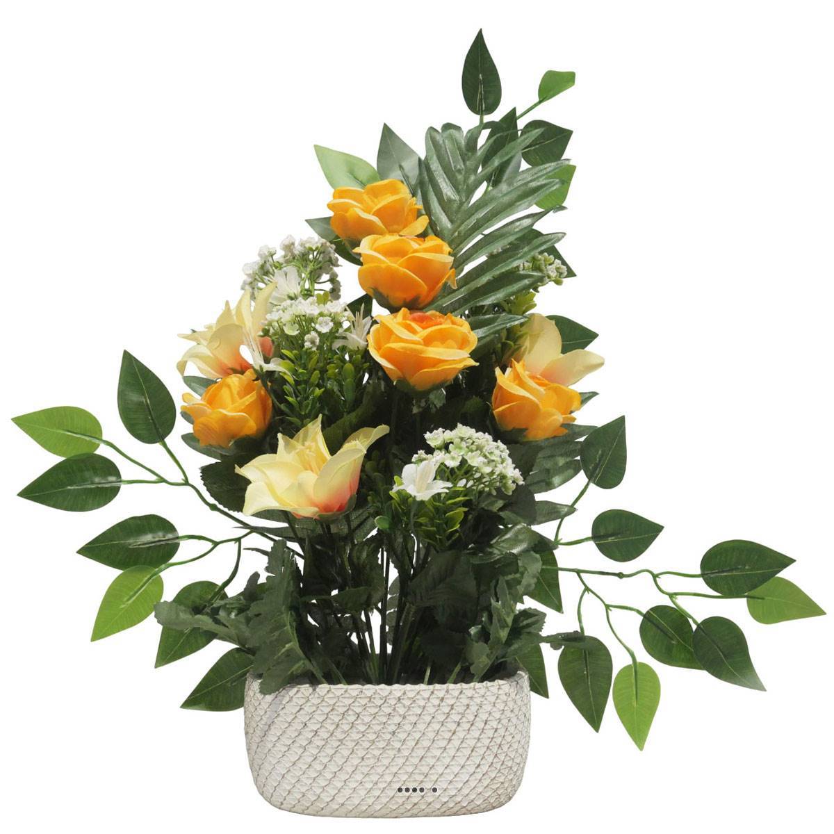 Artificielles - Jardinière de Rose gardénia, mini fleurs et ficus pour la Toussaint Orange - couleur: Orange - Imagen 1