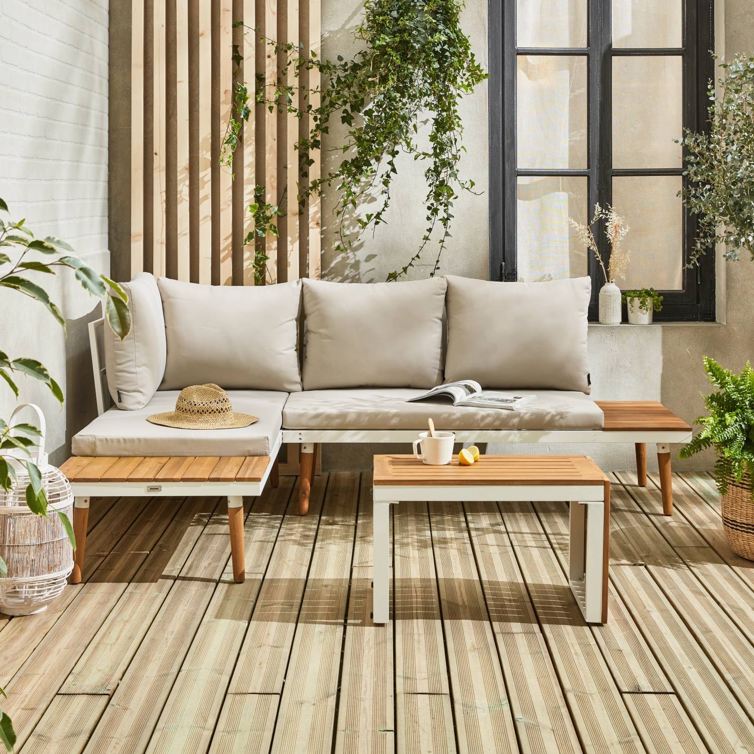 sweeek - Salon de jardin beige et blanc modulable en aluminium et bois d'acacia. 4 places. Sao Paulo.140 x 68 x 65cm | sweeek - Image 1