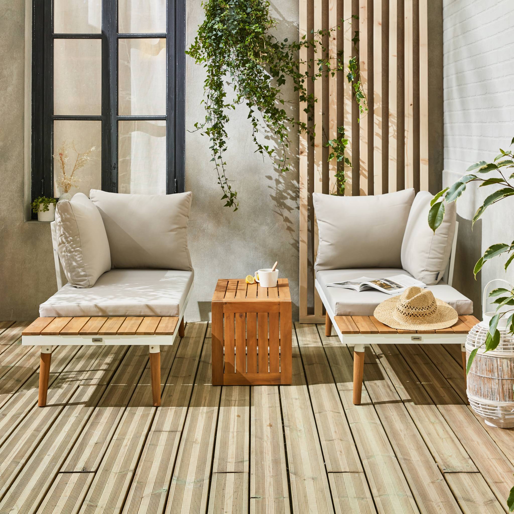 sweeek - Salon de jardin beige et blanc modulable en aluminium et bois d'acacia. 4 places. Sao Paulo.140 x 68 x 65cm | sweeek - Image 3
