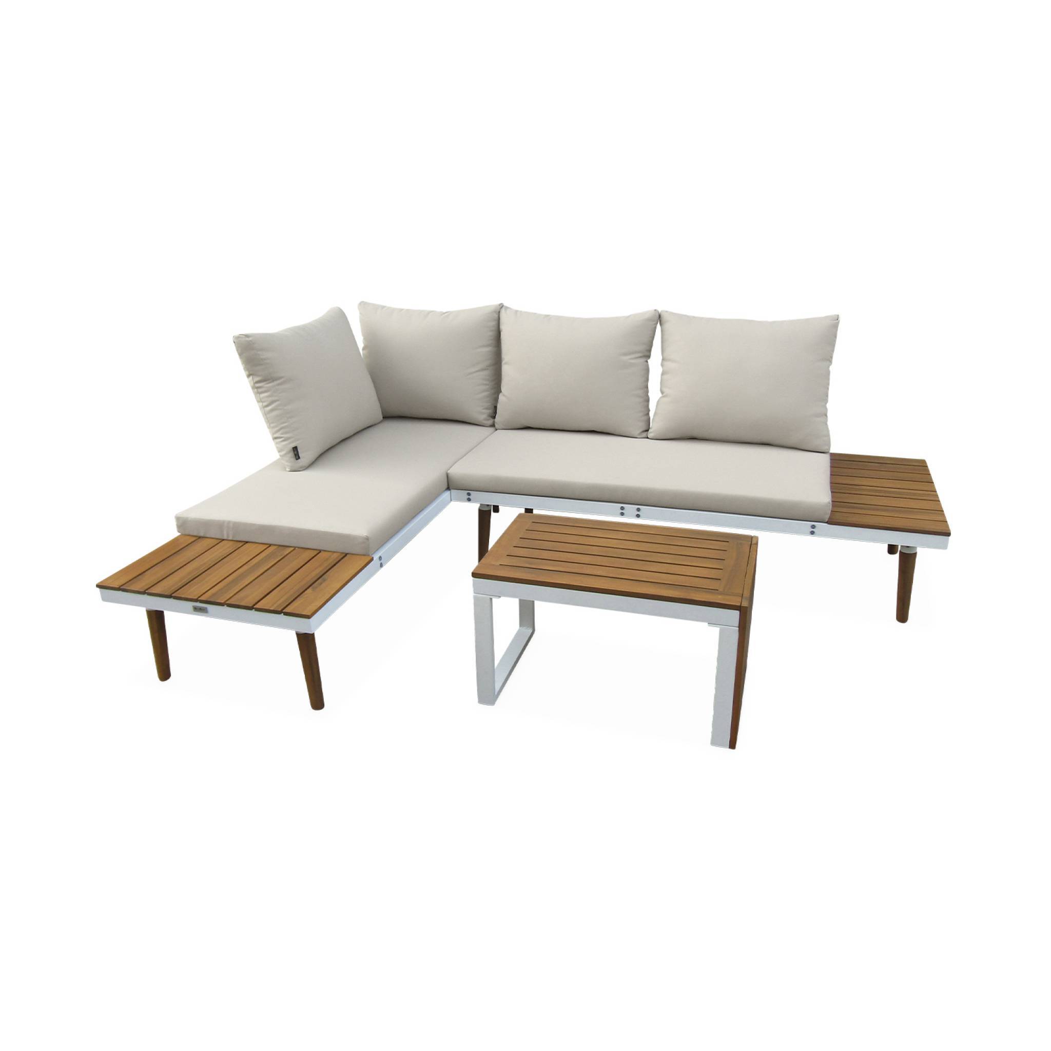 sweeek - Salon de jardin beige et blanc modulable en aluminium et bois d'acacia. 4 places. Sao Paulo.140 x 68 x 65cm | sweeek - Image 2