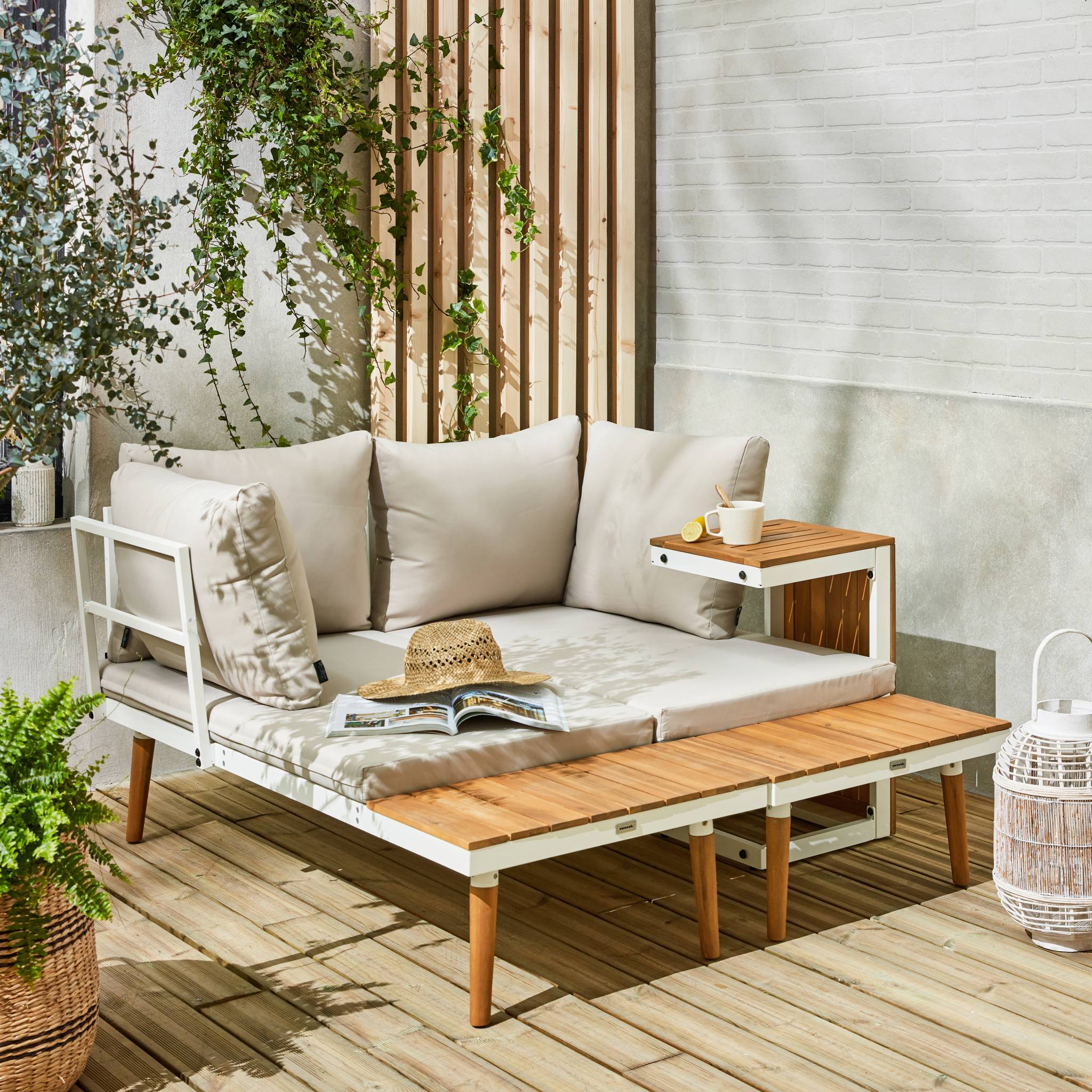 sweeek - Salon de jardin beige et blanc modulable en aluminium et bois d'acacia. 4 places. Sao Paulo.140 x 68 x 65cm | sweeek - Image 5