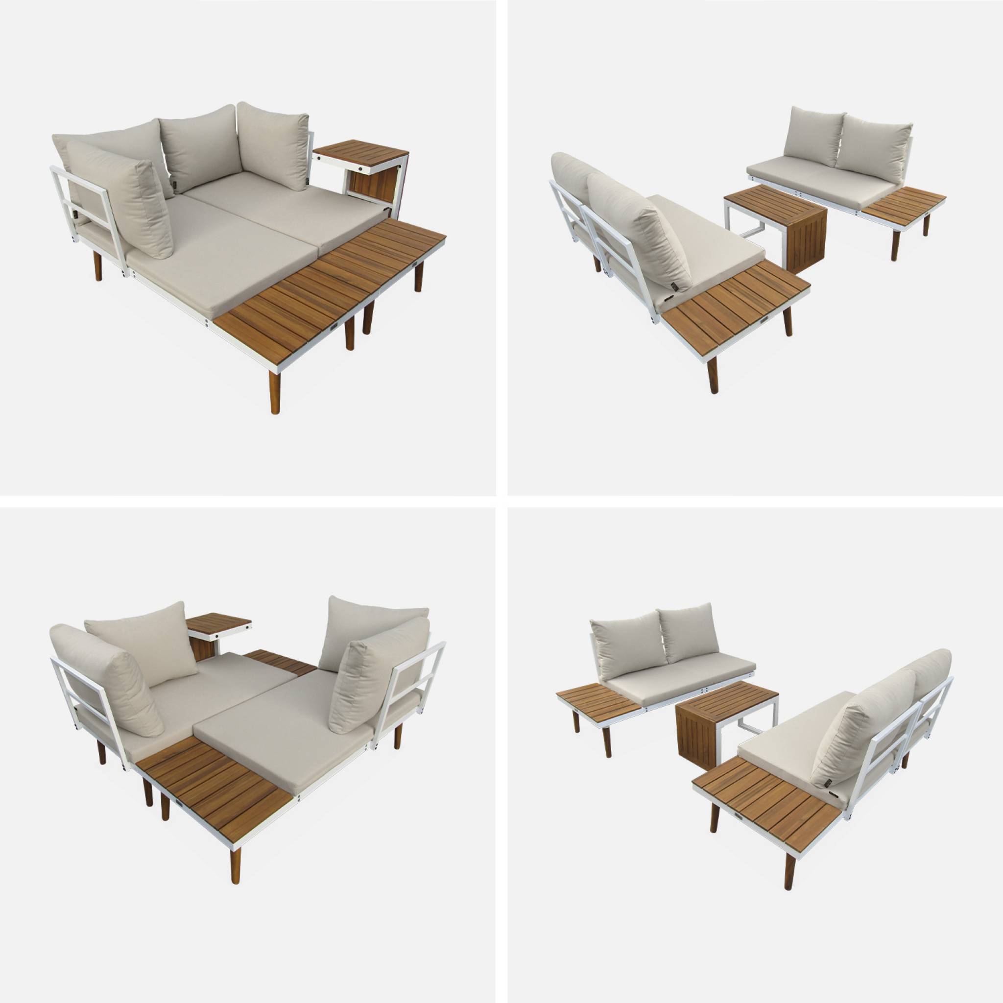 sweeek - Salon de jardin beige et blanc modulable en aluminium et bois d'acacia. 4 places. Sao Paulo.140 x 68 x 65cm | sweeek - Image 7