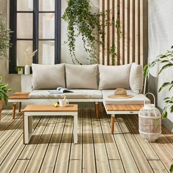 sweeek - Salon de jardin beige et blanc modulable en aluminium et bois d'acacia. 4 places. Sao Paulo.140 x 68 x 65cm | sweeek - Image 4