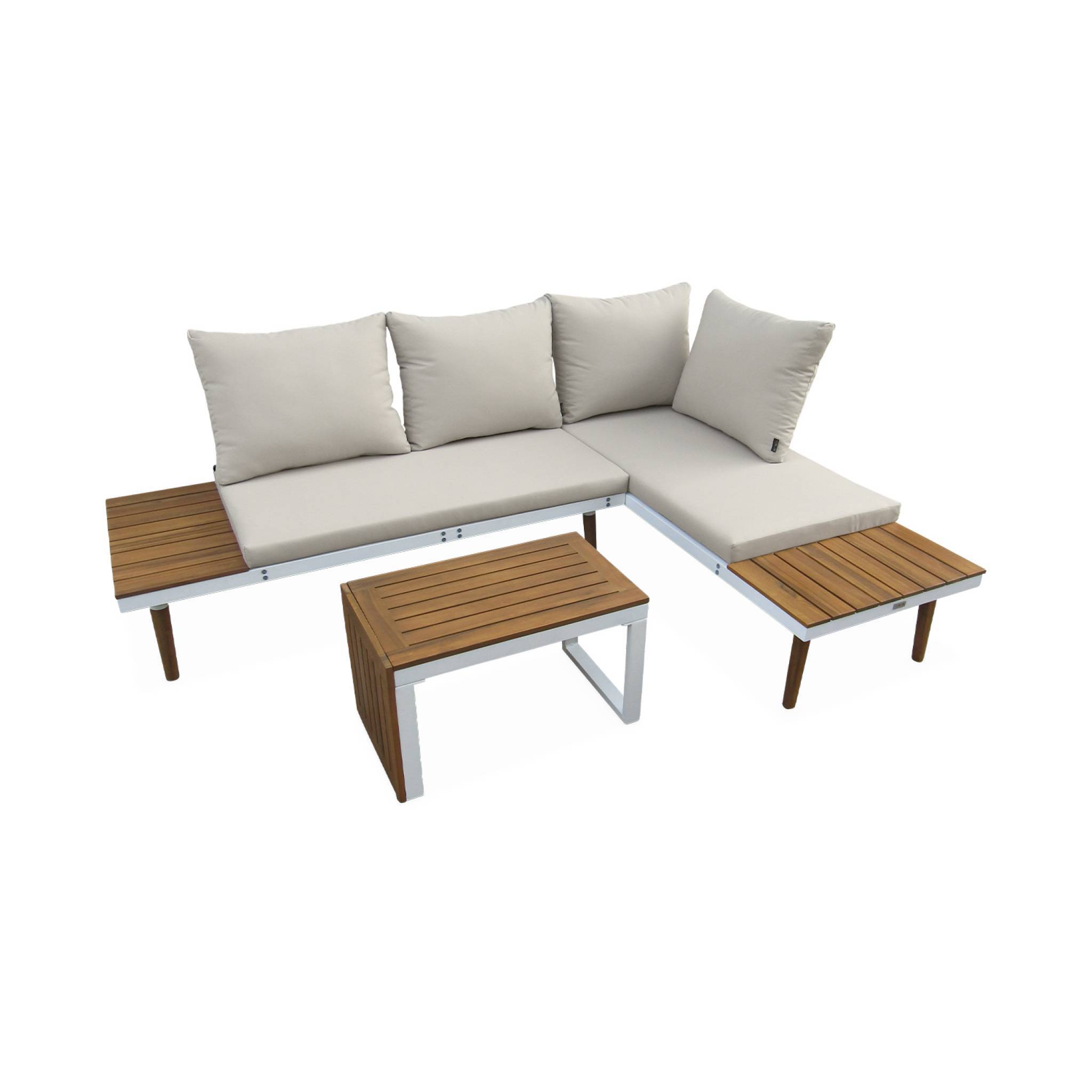 sweeek - Salon de jardin beige et blanc  modulable en aluminium et bois d'acacia. 4 places. Sao Paulo.140 x 68 x 65cm | sweeek - Image 6