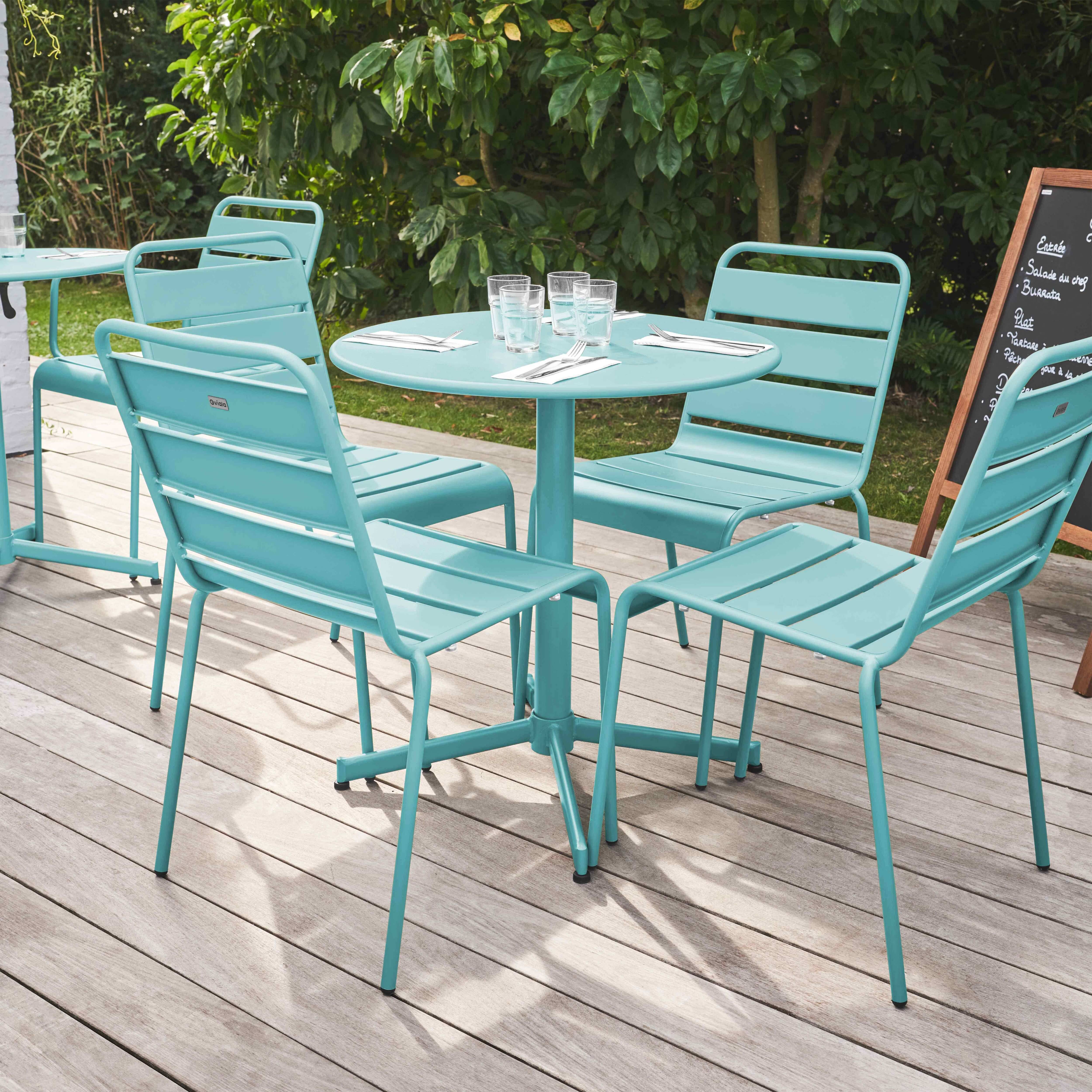 Oviala - Ensemble table de jardin ronde et 4 chaises en métal turquoise Palavas - Oviala - Imagen 2