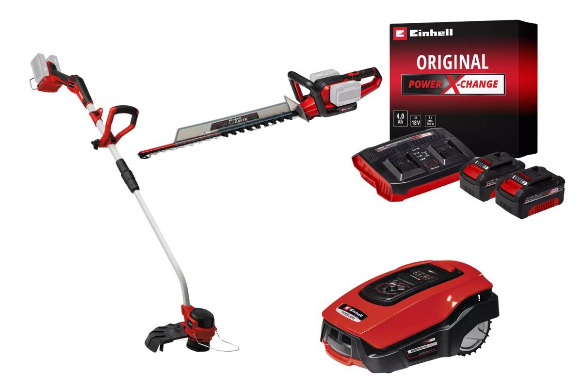 Einhell - Kit premium jardin sans fil Einhell – Taille-haies 36V, coupe-bordure 36V, robot tondeuse + batteries 4.0Ah