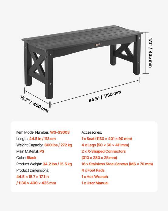 Vevor - VEVOR Banc de jardin en plastique 113 cm capacité de charge de 272 kg noir - Image 7