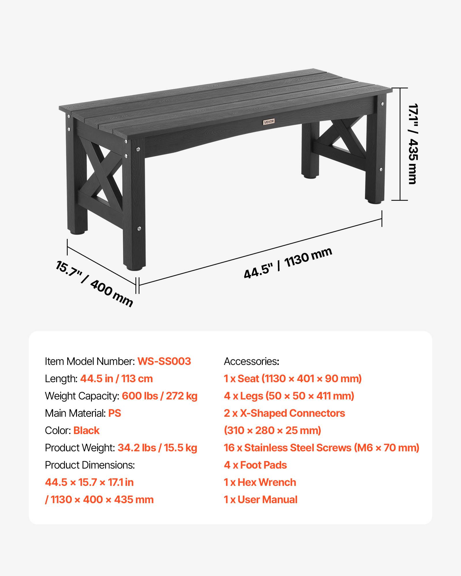 Vevor - VEVOR Banc de jardin en plastique 113 cm capacité de charge de 272 kg noir - Image 7