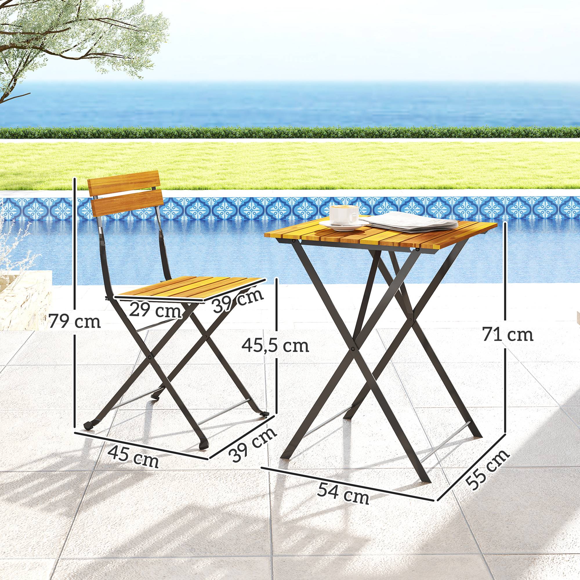 Sans Marque - Ensemble salle à manger 3 pièces 2 personnes table pliante 2 chaises terrasse balcon teck - Image 5