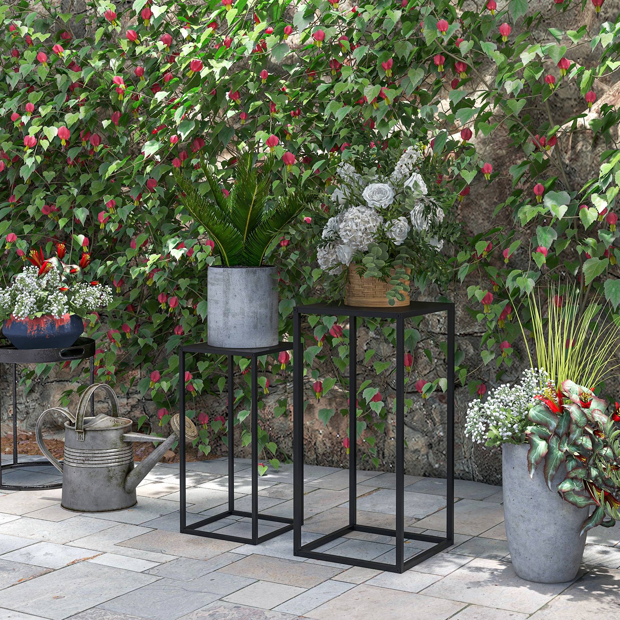 Sans Marque - Lot de 2 supports pot de fleurs encastrables 2 hauteurs différentes 58,5 et 65 cm - acier noir - Image 4