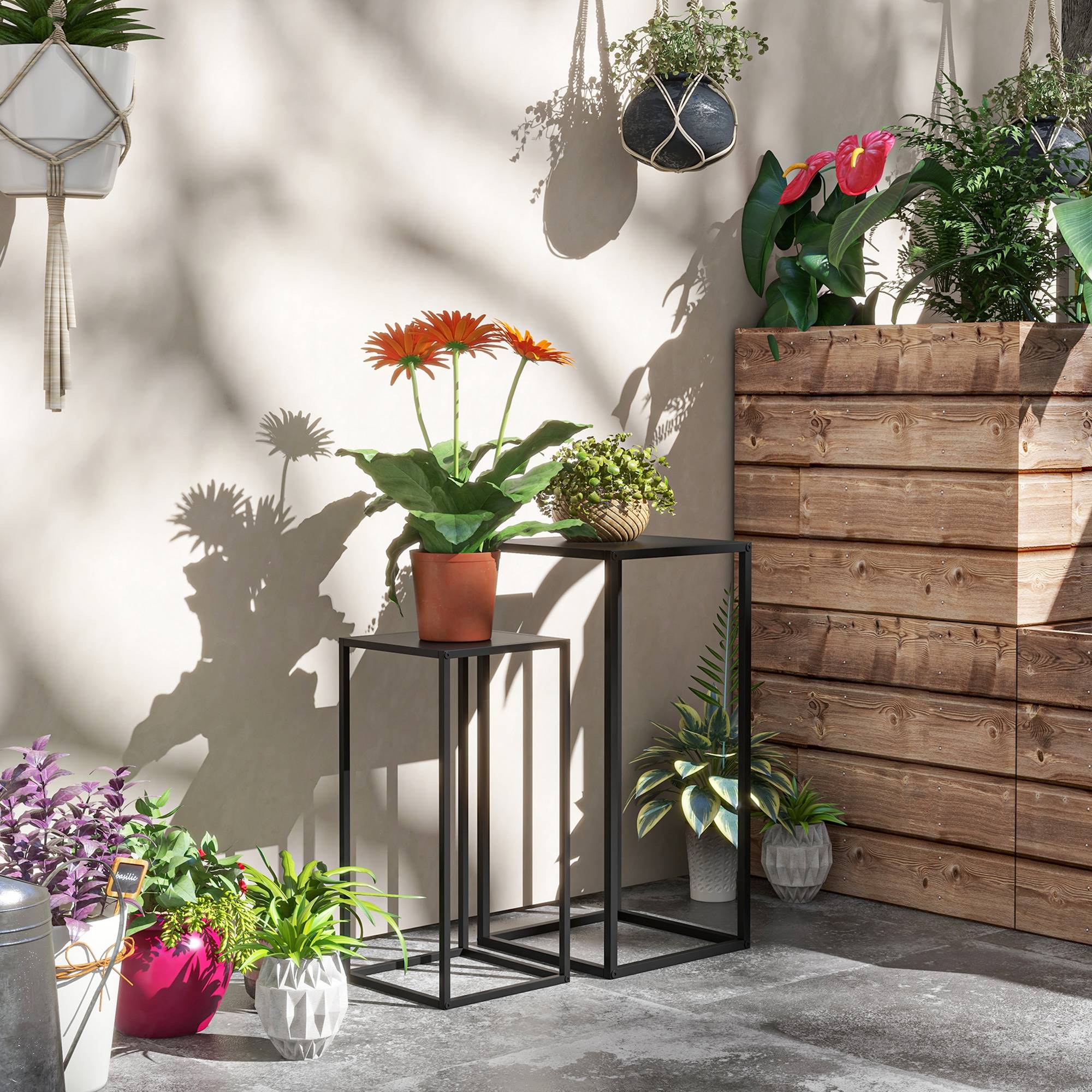Sans Marque - Lot de 2 supports pot de fleurs encastrables 2 hauteurs différentes 58,5 et 65 cm - acier noir - Image 3