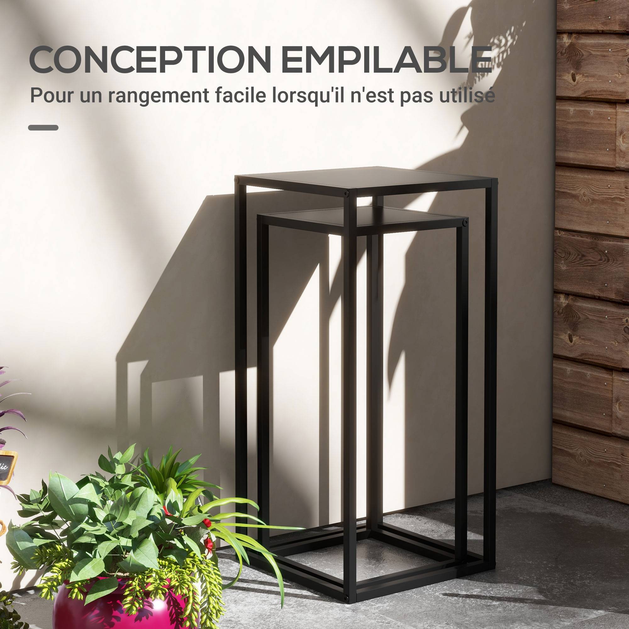 Sans Marque - Lot de 2 supports pot de fleurs encastrables 2 hauteurs différentes 58,5 et 65 cm - acier noir - Image 8