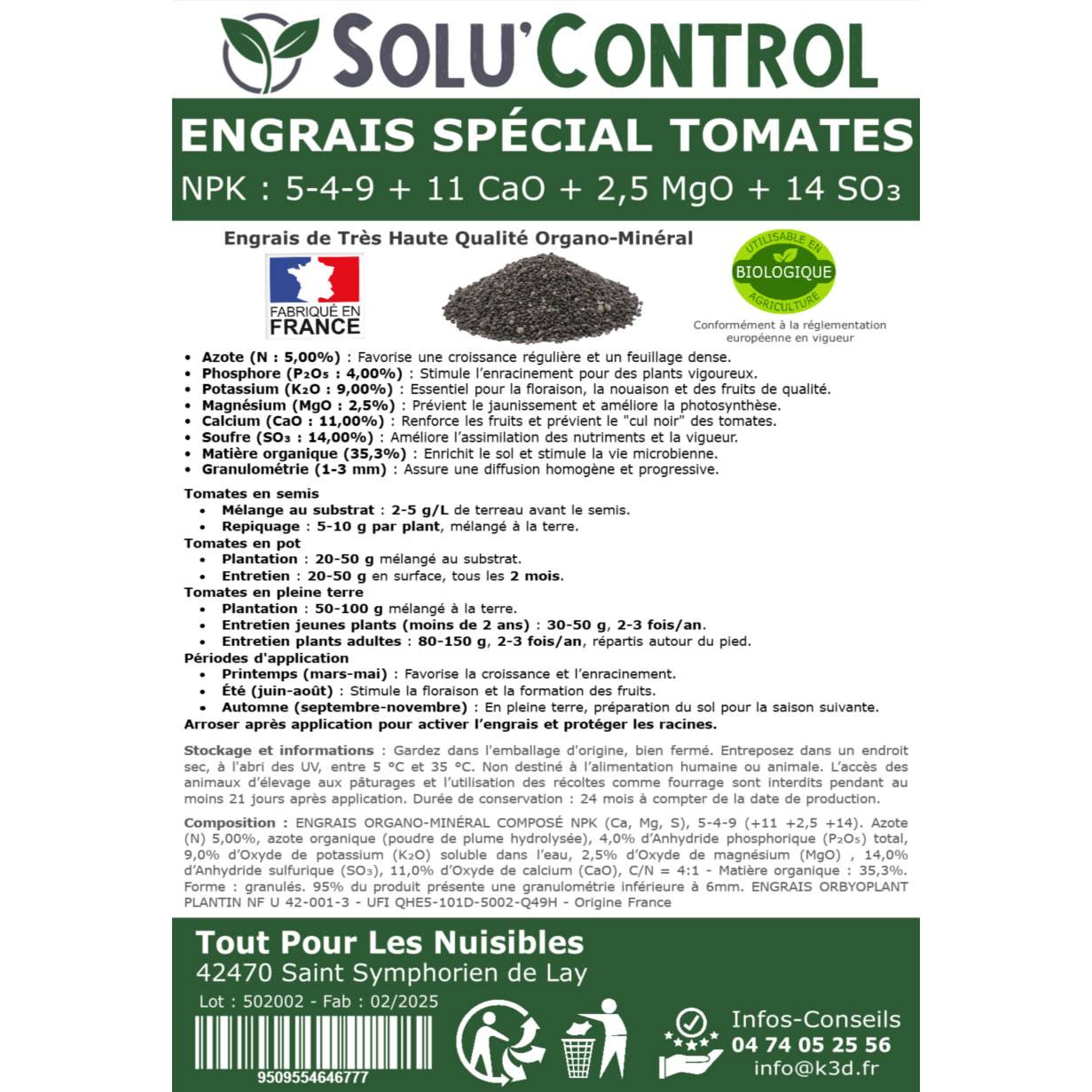 SOLU’CONTROL - 500 g Engrais Spécial Tomates, Aubergines, Poivrons, Piments - Formulation haute qualité Organo-Minerale - UAB - Image 3