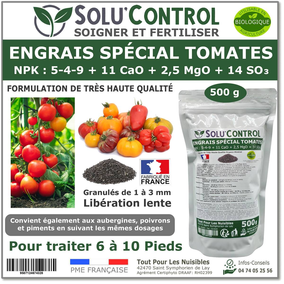 SOLU’CONTROL - 500 g Engrais Spécial Tomates, Aubergines, Poivrons, Piments - Formulation haute qualité Organo-Minerale - UAB - Image 1