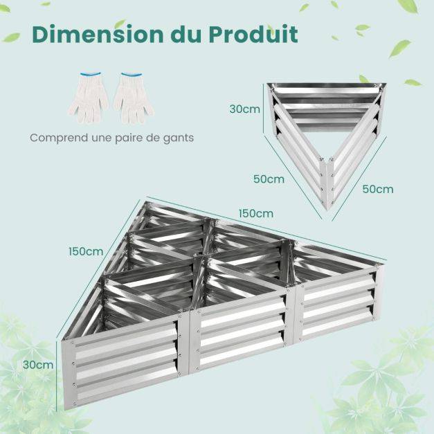 Helloshop26 - Carré potager de jardin triangulaire en fer galvanisé avec 6 espaces 150 x 150 x 30 cm jardinière surélevée avec base ouverte - Imagen 3