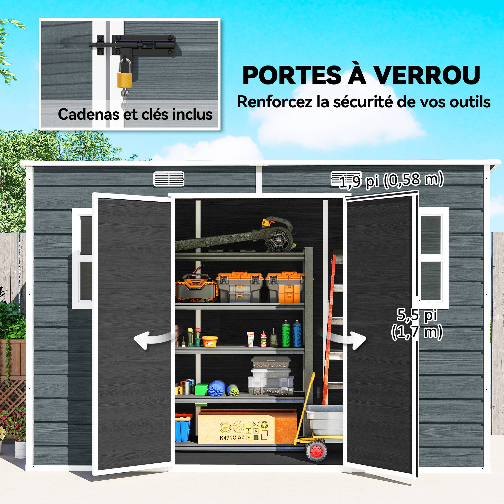 ComfortXL - Abri de jardin en polypropylène et aluminium gris 303 x 123 x 197 cm effet bois avec plancher pour rangement - Image 6
