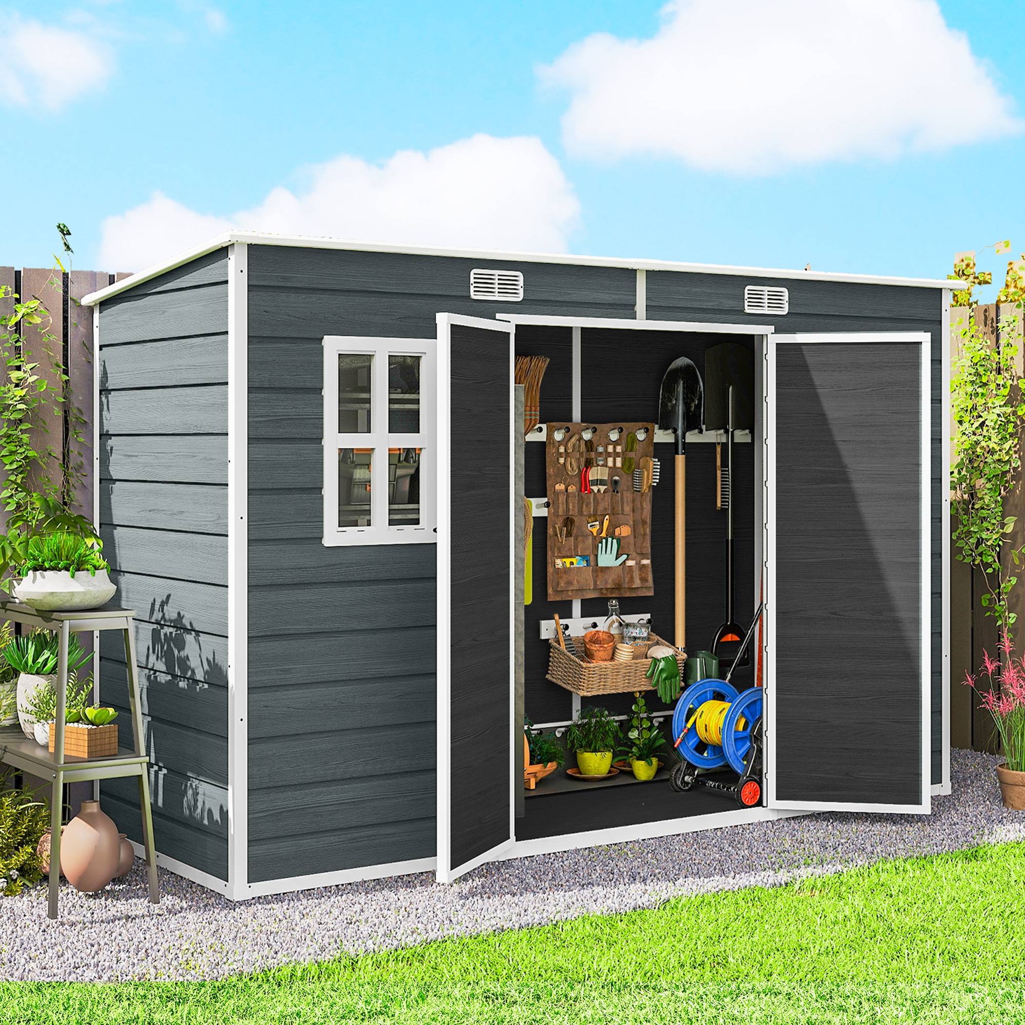 ComfortXL - Abri de jardin en polypropylène et aluminium gris 303 x 123 x 197 cm effet bois avec plancher pour rangement - Image 1