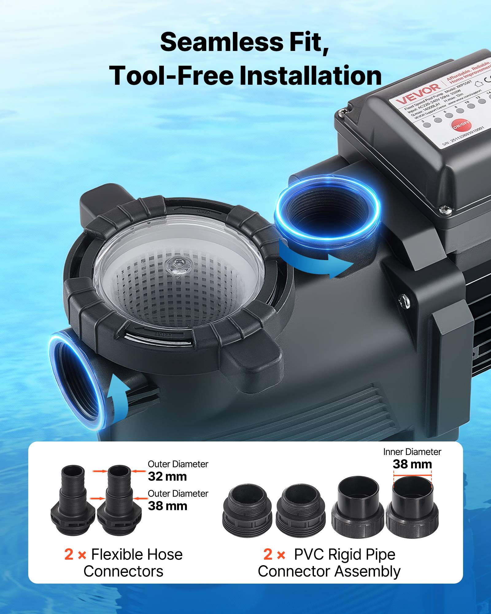 Vevor - VEVOR Pompe piscine 550 W, 14 000 L/h, refoulement 12 m, monovitesse, panier filtrant, minuterie 24 h, 220-240 V. - Image 7