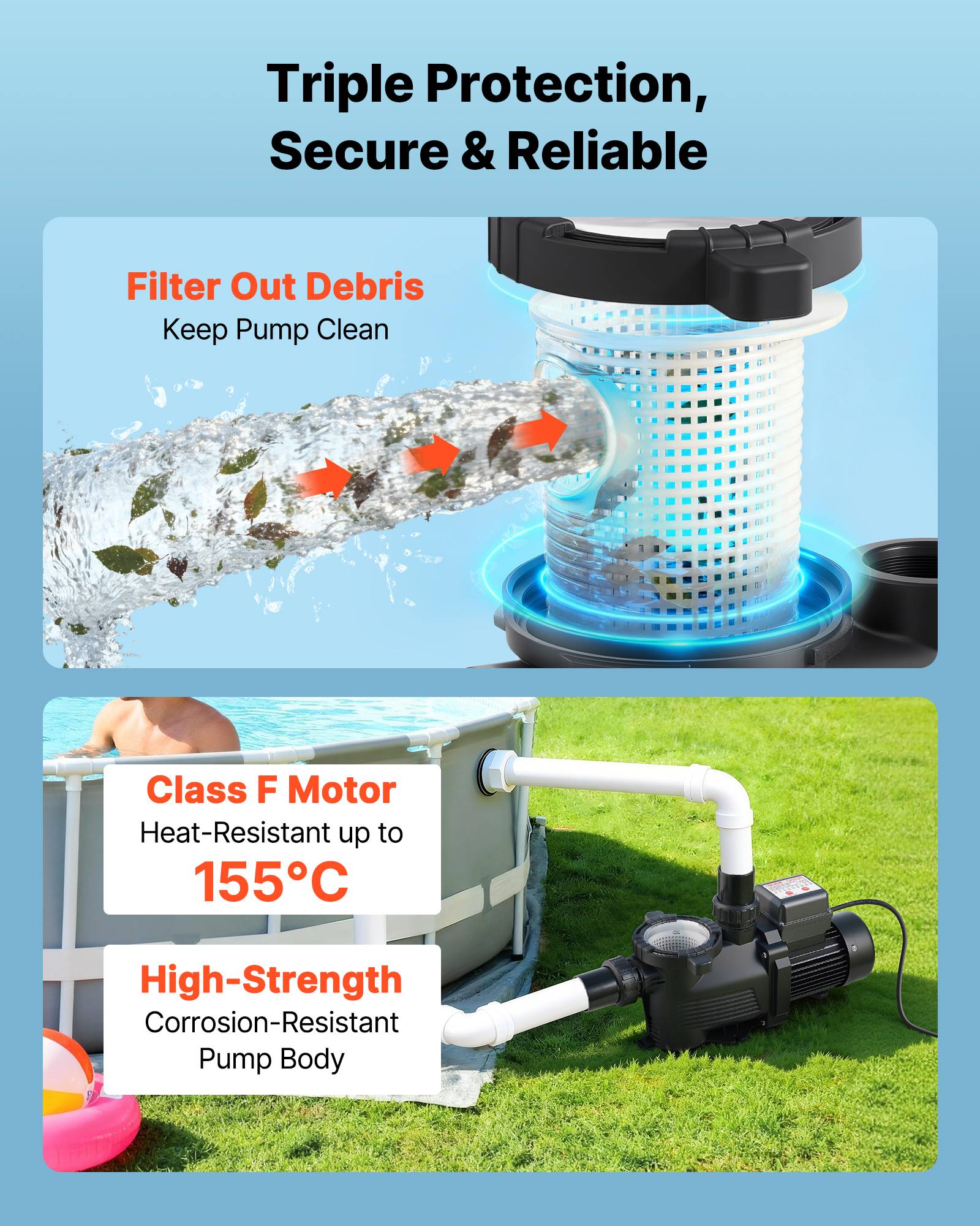 Vevor - VEVOR Pompe piscine 550 W, 14 000 L/h, refoulement 12 m, monovitesse, panier filtrant, minuterie 24 h, 220-240 V. - Image 5
