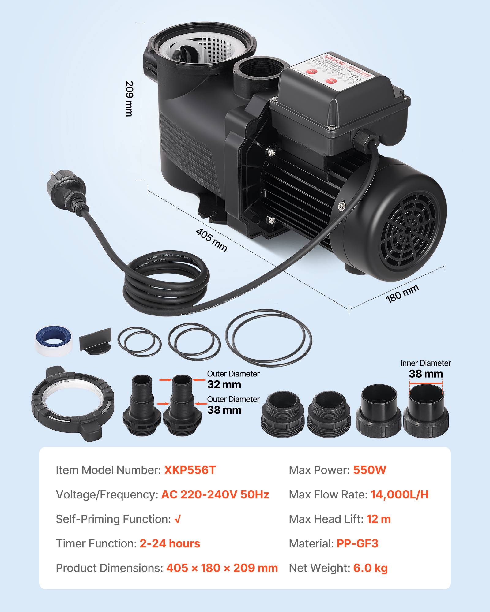 Vevor - VEVOR Pompe piscine 550 W, 14 000 L/h, refoulement 12 m, monovitesse, panier filtrant, minuterie 24 h, 220-240 V. - Image 6