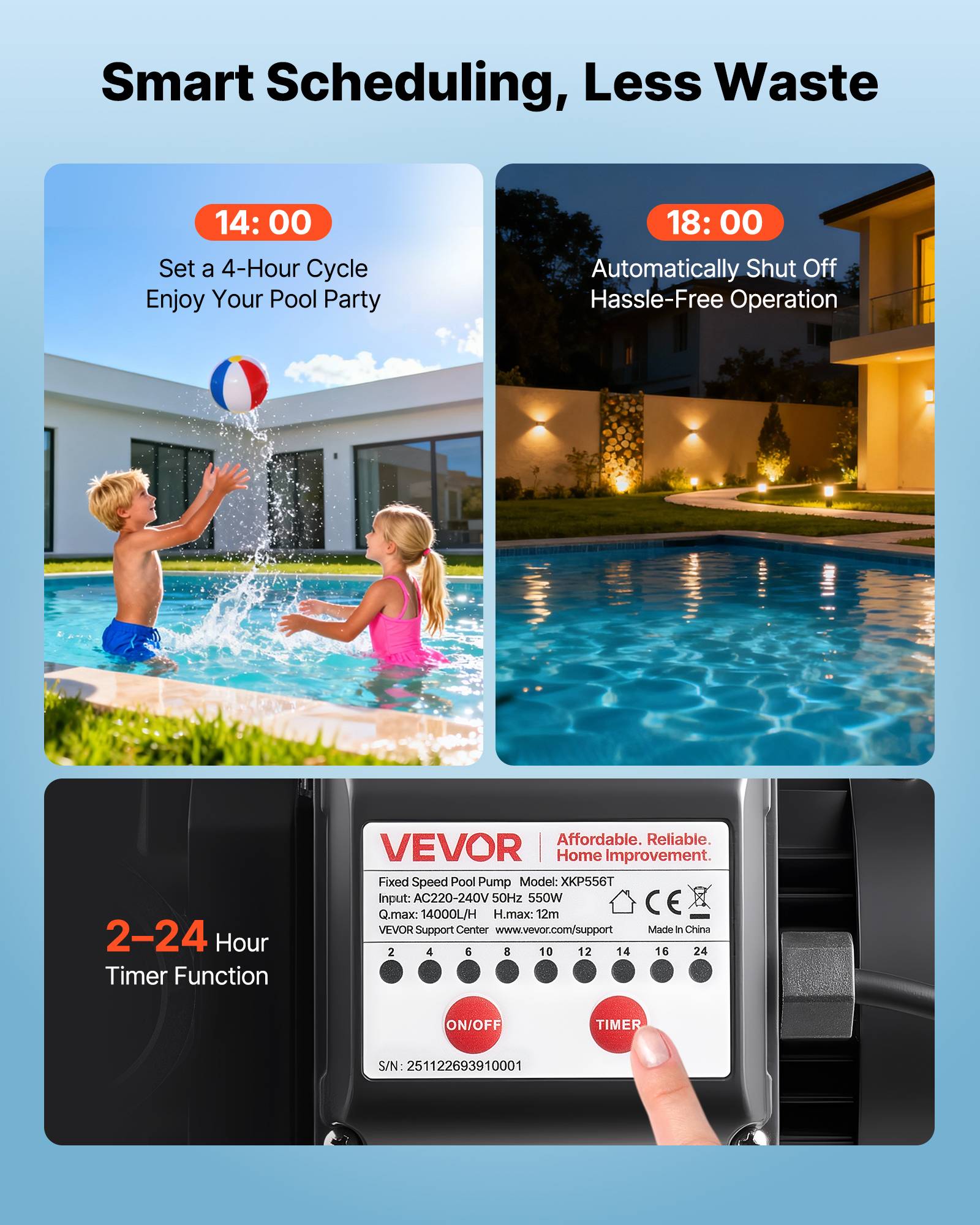 Vevor - VEVOR Pompe piscine 550 W, 14 000 L/h, refoulement 12 m, monovitesse, panier filtrant, minuterie 24 h, 220-240 V. - Image 4
