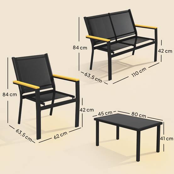 Salon de jardin métallique pour 4 personnes avec canapé 2 places et table de chevet, couleur noire, 110x63,5x84 cm - Image 3