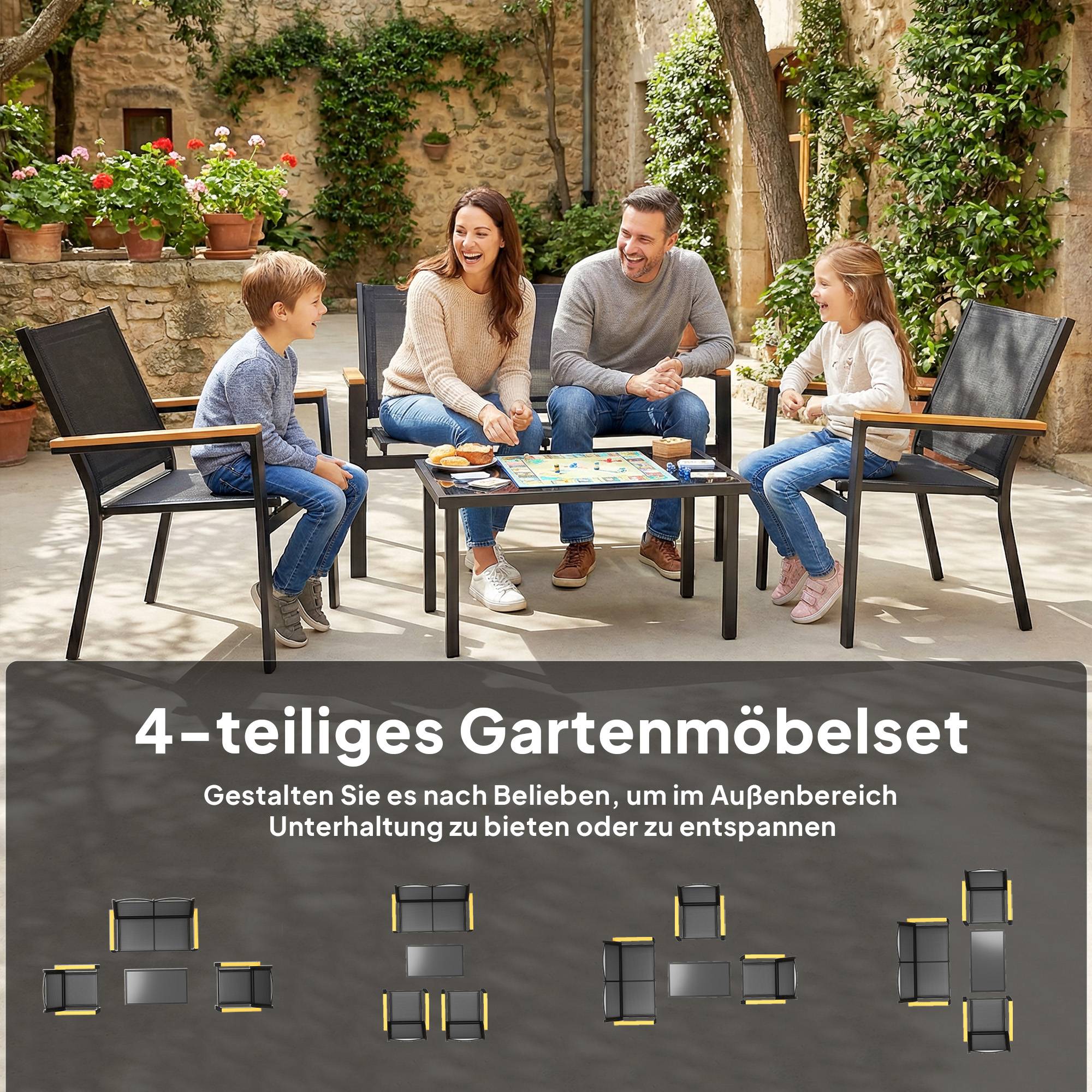 Salon de jardin métallique pour 4 personnes avec canapé 2 places et table de chevet, couleur noire, 110x63,5x84 cm - Image 4