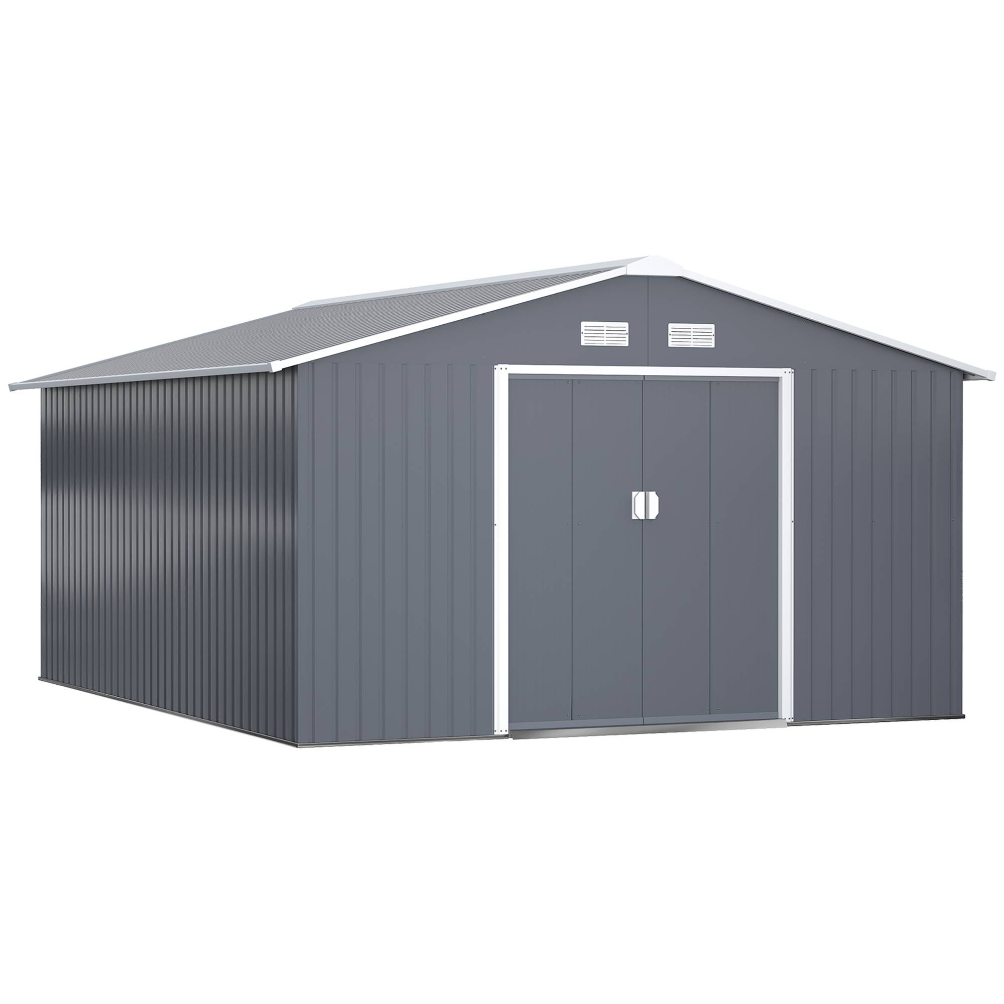 Abri de jardin acier galvanisé 12,4 m² avec fondation, aérations toit pente double porte coulissante gris