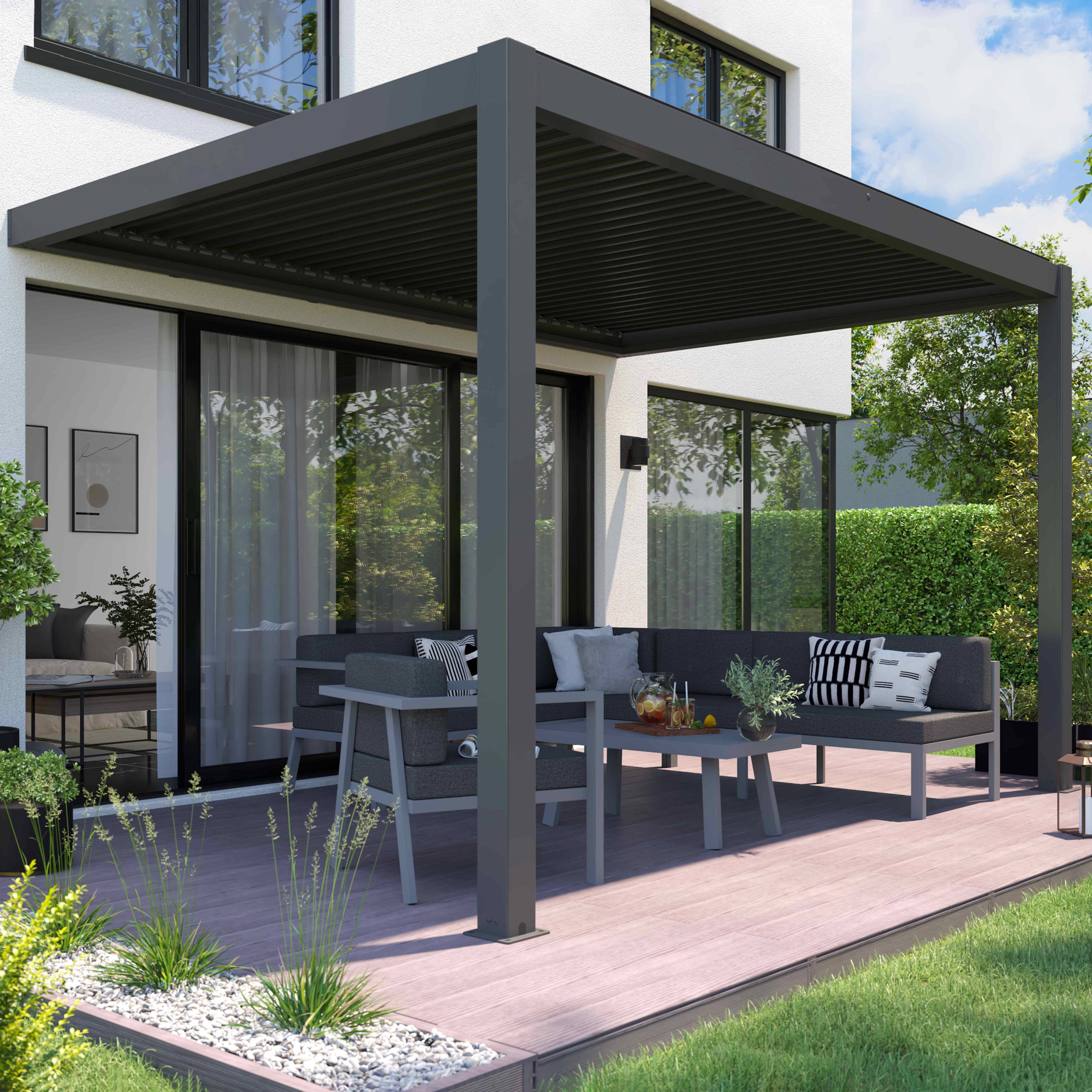 Oviala - Pergola bioclimatique adossée et motorisée 3 x 4 x 2,5m gris Thebes - Oviala - Imagen 1